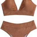 SweatyRocks Women's Solid V Neck High Waist Bikini Set Summer Sparkly Two Piece Bathing Suit, L, Rust Brown