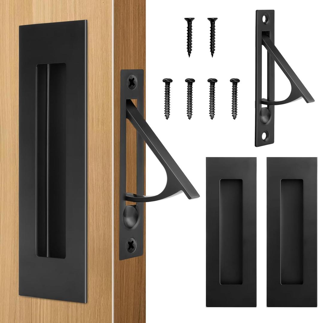 HBL' Pocket Door Hardware Set 2 Recessed Flush Finger Pulls & 1 Edge Pull, Made of 304 Stainless Steel, Template Included, Black.