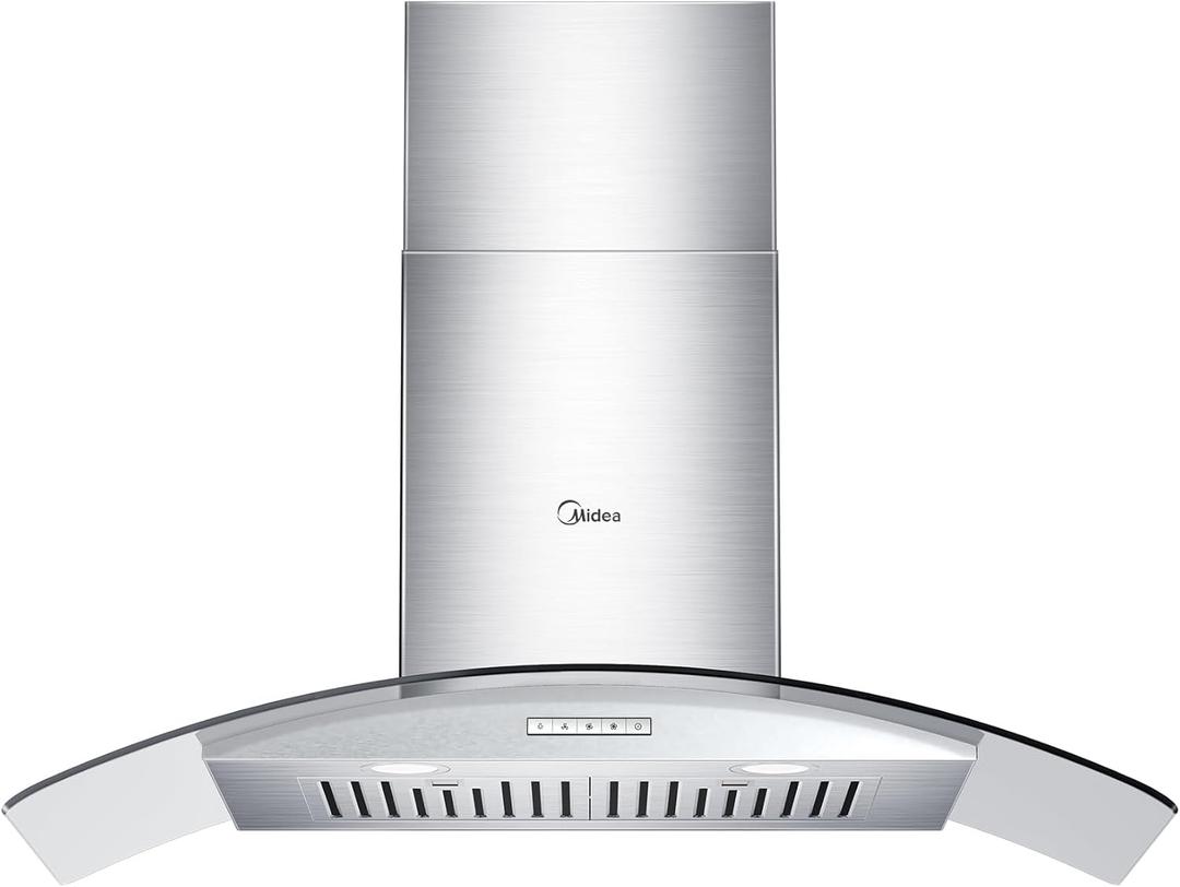 Midea MVG30W8AST 30 Inches Ducted Wall Mount Vent Range Hood with 450 CFM 3 Speed Exhaust Fan, Baffle Filters, Curved Glass, 2 LED Lights, Convertible to Ductless, Stainless Steel