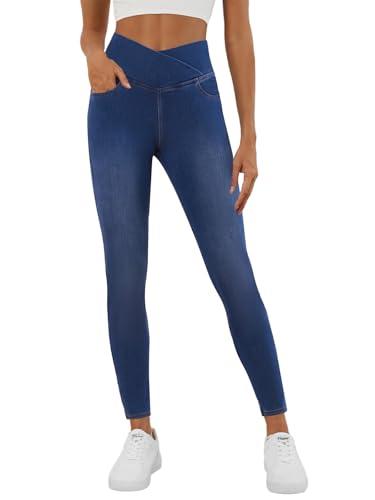 COPYLEAF Stretchy Jeans for Women Trendy Butt Lifting Leggings with Pockets Crossover Waisted Jeggings Pull on Skinny Jeans Medium Wash, Large