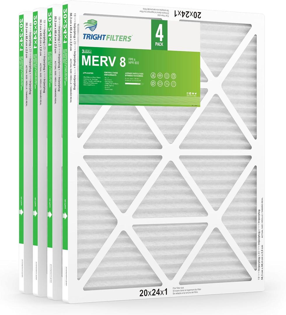 20x24x1 Air Filter 4 Pack, MERV 8 Pleated Dust Defense Air Filters Replacement Air Conditioner HVAC AC Furnace Filter, Durable and Lightweight