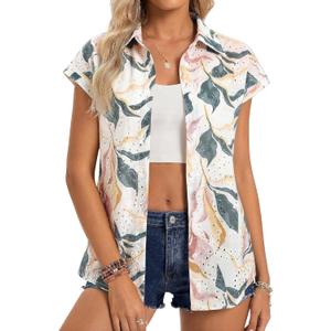 GRACE KARIN Floral Eyelet Spring Summer Tops for Women,2026 V Neck Dressy Casual Shirts,Boho Button Down Short Sleeve Blouses (S)