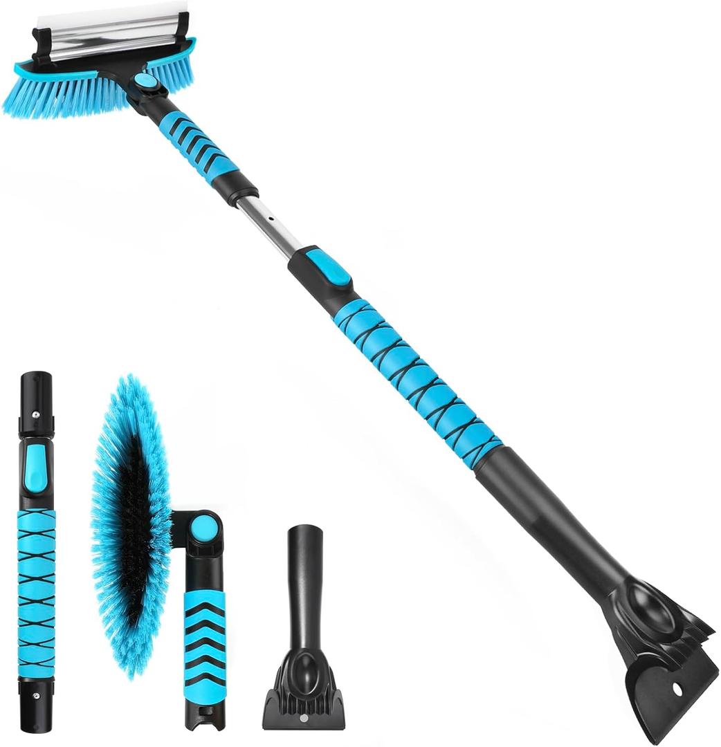 Yougfin Windshield Ice Scraper Car Brush for Snow 43 inch, 3 in 1 Detachable Snow Scraper with Squeegee, 180 Pivoting Brush Head, Foam Grip, Extendable Snow Removal for Auto Truck SUV Van (Blue)