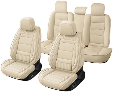 Chezope Car Faux Leather Seat Covers with Lumbar Support & Seat Cushion Ergonomic 3D Support, Custom Fit for 2002-2026 Dodge Ram 1500/2500/3500 Crew/Quad/Regular Cab Pickup (Beige-Stripes-A, Full Set)