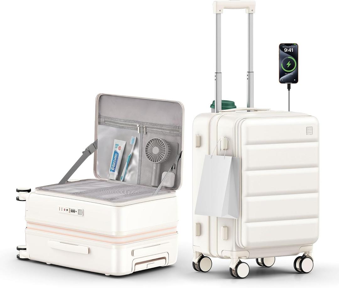 ISLAND ELEPHANT Expandable 20Inch Carry On Luggage Airline Approved - Top Opening Hardside Travel Suitcase Unbreakable -with Cup Holder, USB Charge, Side Pothook, 360°Spinner Wheels, TSA Lock-White