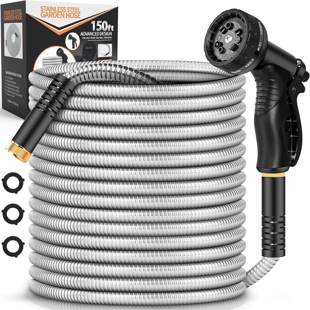 Garden Hose Metal 150FT, Stainless Steel Heavy Duty Water Hose With 10 Function Nozzle, No-Kink, Tough & Flexible, Sturdy and Lightweight, Rust Proof for Yard, Outdoor, RV