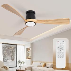 52inch Ceiling Fan with Lights, Wood Flush Mount Ceiling Fans with Remote Control, Dimmable Light,3 CCT,6 Speeds, Noiseless DC Motor, Ceiling Fan for Bedroom, Living Room, Office, Indoor, Natural Wood (B-Low Profile+Natural Wood+Black Body)