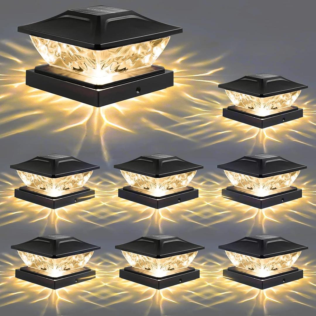 Solar Post Cap Lights: 8-Pack Fence Post Solar Powered Outdoor Waterproof - Fit 4x4 5x5 Wooden Vinyl Lamp Posts Deck Porch Patio Topper Modern Decor - 8 LED Warm/Cool White 2 Lighting Modes