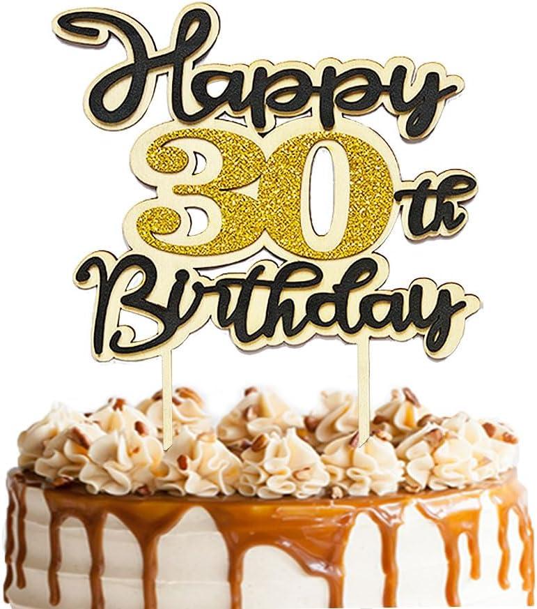 Glitter Happy Birthday 30th Cake Toppers Cheers to 30 Years Birthday, 30 Anniversary wood Cake Decorations Party Supplies(30th,Gold) (Yellow)