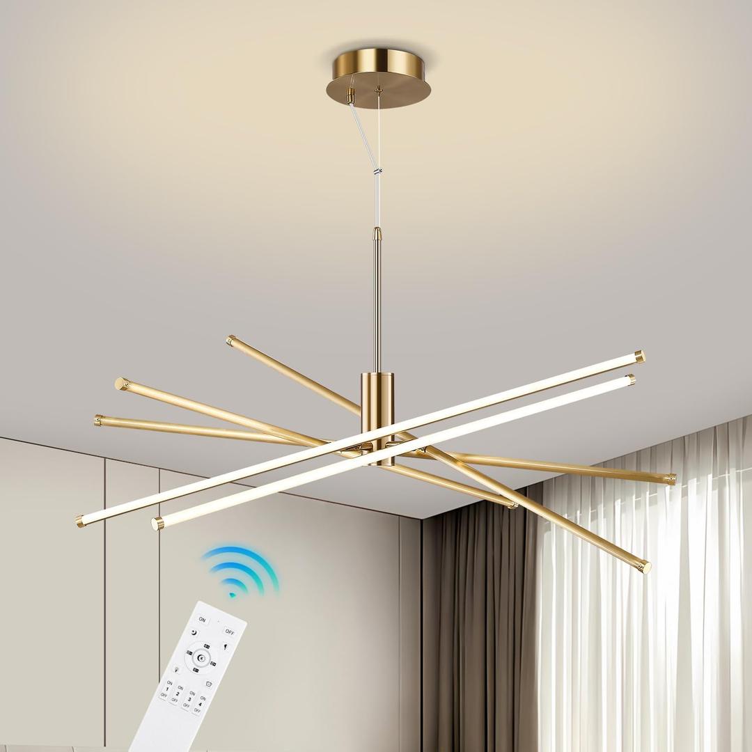 35.4in Modern Chandelier LED Gold Pendant Light Sputnik Chandelier Dimmable with Remote Control Ceiling Hanging Light Adjustable Length for Kitchen Island Dining Room Living Room 68W