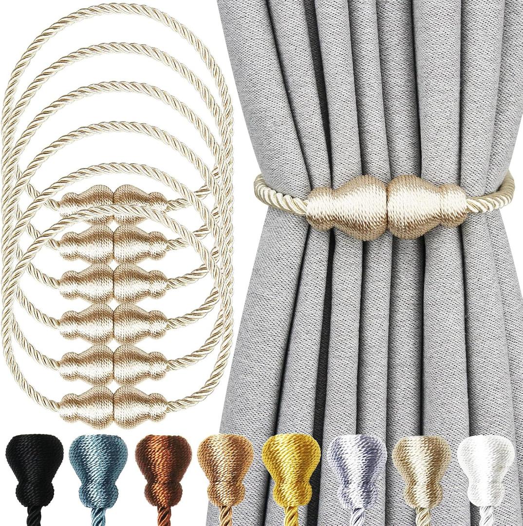 Magnetic Curtain Tiebacks Decorative Curtain Holders for Drapes Nieffeiy 6 Pack Beige Outdoor Tie Backs Rope Window Treatment Holdbacks, Set name: 6 Pack