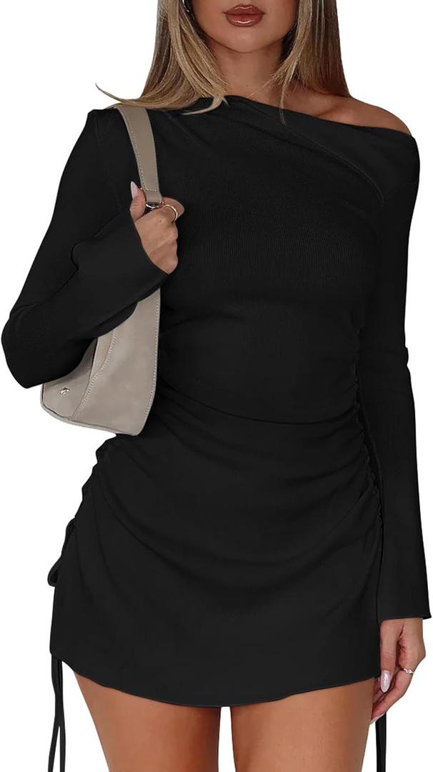 BEAGIMEG Women's Sexy Bodycon Long Sleeves Flared Sleeves One Shoulder Side Split Ruched Club Party Mini Dress, Medium