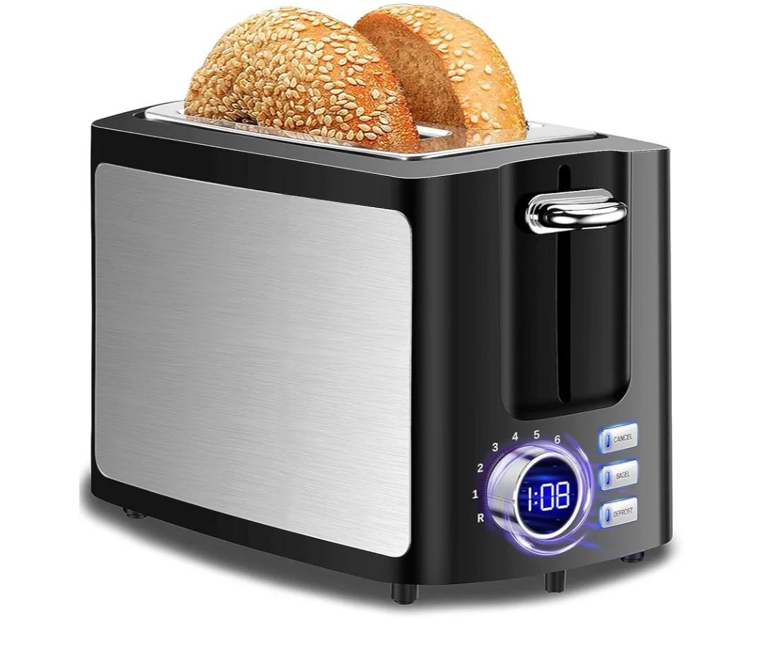 Toaster 2 Slice Wide Slot Toaster Best Rated Prime Displav Smart Toasters with LCD Digital Countdown Timer and Bagel/Defrost/Cancel/Reheat Function