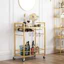 TUTOTAK Gold Bar Cart with 2 Mirrored Shelves, Wine Rack & Glass Holder, 2 tier（23.7"W)