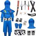 Kids Ninjia Costume - Muscle Ninja Costume Suit with Deluxe Ninja Toys for Little Boys & Girls Halloween Cospaly Dress Up (S ( 5-7 Years ), Blue)
