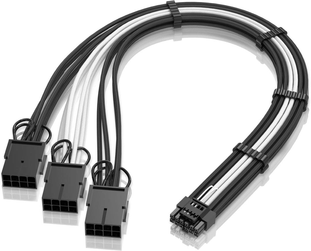 EZDIY-FAB GPU Power Sleeved Cable Extension, 16pin(12+4) 12VHPWR PCIe 5.0 Connector Male to 3X PCIE 8 PIN for RTX4070ti/ 4080/ 3090Ti, with Pre-Installed Cable Combs-16AWG-Black White