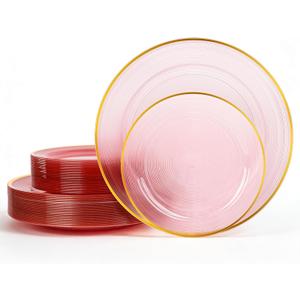 120PCS Pink Plastic Plates with Gold Rim, Heavy Duty Disposable Plate, Fancy and Elegant Circular Ribbed 60 Dinner and Dessert Plates for Party, Weddings