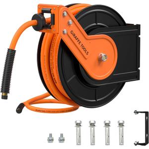 Giraffe Tools TA15BPLUS Retractable Air Hose Reel with Swivel Bracket 3/8" x 50 ft Hybrid Hose, Ceiling/Wall Mounted Heavy Duty Industrial Air Compressor Hose Reel, 300PSI, 50ft