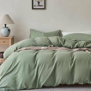 JELLYMONI Washed Cotton Duvet Cover Set Queen Size,Sage Green - Super Soft & Breathable Bedding Comforter Cover with Zipper, for Modern Home, Guest Room, and Everyday Use,1 Duvet Cover & 2 Pillowcases
