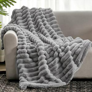 Cozy Bliss Faux Fur Throw Blanket for Couch, Cozy Warm Plush Striped Blanket for Sofa Bedroom Living Room, 50 * 60 Inches Gray