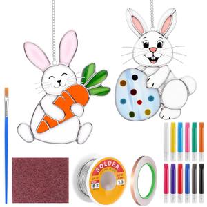 Roowest Unfinished Easter Pre Cut Stained Glass DIY Stained Glass Craft Kit for Adult with Solder Wire, Flux Brush, Pens for Women Gifts Spring Home Decor(Bunny,2 Set)