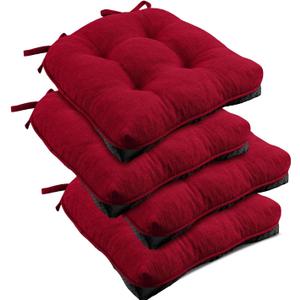 downluxe Indoor Chair Cushions for Dining Chairs, Tufted Overstuffed Textured Kitchen Chair Pads with Ties and Non-Slip Backing, 15.5" x 15.5" x 4", Red, 4 Pack