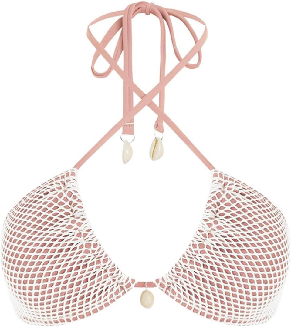 ZAFUL Women's Triangle Bikini Top Multiway Fishnet Tie Back Bandeau Halter String Bikini Swimsuit Bathing Suit (Pink, M)