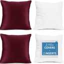 Throw Pillow Inserts Pack of 2 with Velvet Soft Solid Decorative Square Throw Pillow Covers Set for Sofa Couch Car Bedroom, 24X24 Throw Pillows Inserts with 22x22 Washable Cushion Covers, Burgundy Red