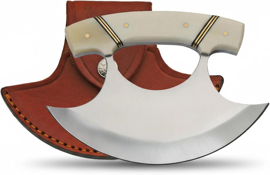 SZCO ULU Hunting Knife 5.5 Inch - Camping Knife with Handle, Stainless Steel Crescent Blade & Sheath for Hunting, Camping & Outdoor uses (Bone Handle)