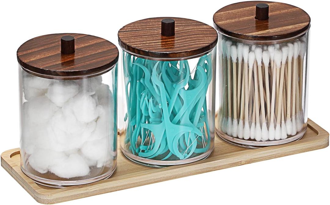 3 Pcs Clear Acrylic Qtip Holder with Brown Wood Lid Bathroom Accessories Storage Box with Tray for Cotton Swab Candy Jar Qtip Dispenser for Bathroom Living Room Office