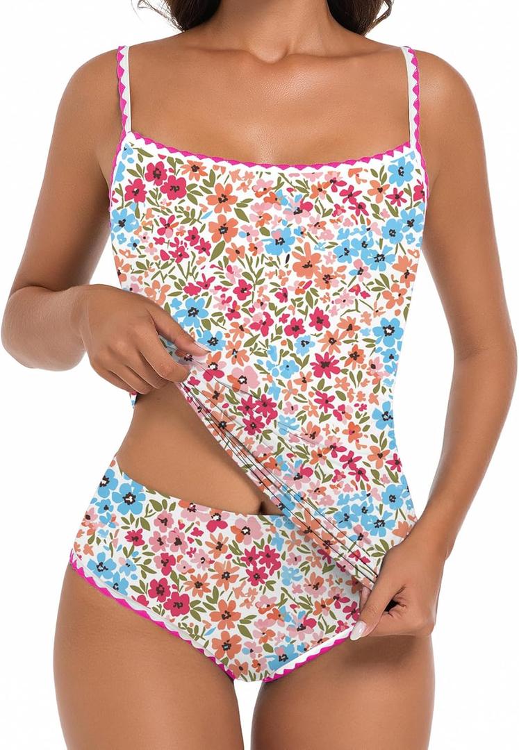 Women's Tankini Swimsuit Tummy Control Bathing Suits Two Piece Slimming Swim Suit High Waisted Shell Stitch Swimwear (Medium, Hot Pink Print)