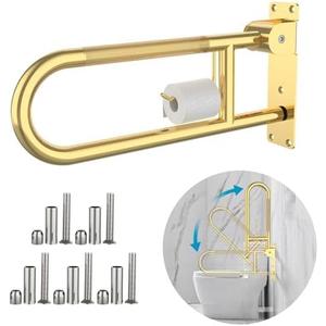 Toilet Grab Bar 22.4 Inch Gold, Munzong Anti-Slip Handicap Grab Bars with Paper Holder, Flip-Up Bathroom Safety Rails, Stainless Steel Knurled Support handrails for Seniors Elderly Disabled Pregnant