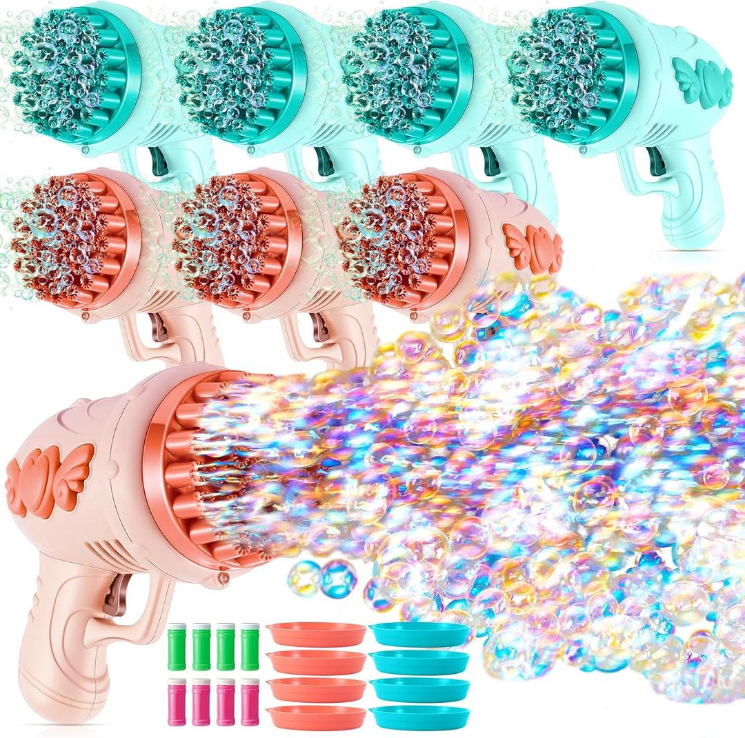 8 Pack Wedding Bubble Guns 32 Holes with Light, Bottles Solution, Romantic Bubble Maker for Outdoor Ceremony, Wedding Party Favors, Photo Props, Reception Entertainment (Green and Pink)