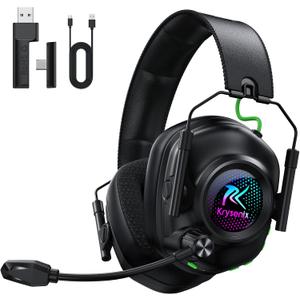 Krysenix 2.4 GHz Wireless Gaming Headset for PC, PS5, PS4, Switch, Mac, Bluetooth 5.4 Gaming Headphones with Noise Canceling Microphone, Cool RGB Lighting, 50Hr Battery, Foldable, 50mm Drivers-Black