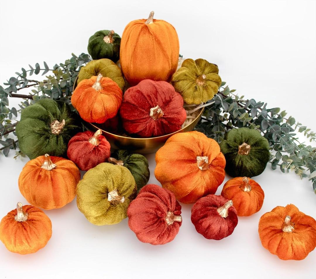 18PCS Velvet Pumpkin Decor for Fall Table Centerpieces, Artificial Fake Faux Foam Pumpkin Home Decorations for Autumn Harvest, Thanksgiving
