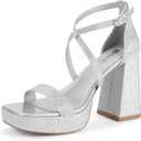 IDIFU IN4 Platform Heels for Women - High Strappy Chunky Block Square Toe Sexy Wedding Dress Shoes - Open Toe Ankle Strap Heeled Sandals - Comfortable Thick Heels - Half Size Larger (9, Silver Glitter)