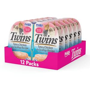 INABA Twins for Cats, Shredded Chicken & Broth Gelée Side Dish/Topper Cups with Green Tea Extract, 1.23 Ounces per Serving, 12 Servings, Tuna & Chicken with Scallop Recipe Best By 03/25/27