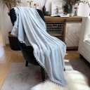 LOMAO Flannel Blanket with Pompom Fringe Lightweight Cozy Bed Blanket Soft Throw Blanket fit Couch Sofa Suitable for All Season (51x63) (Light Grey, 51''x 63'')