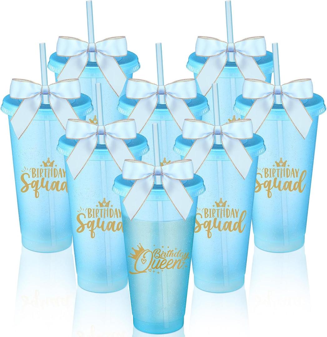 8 Set Birthday Party Glitter Tumblers 24 oz Birthday Squad Queen Plastic Tumblers with Lid Straw and Twist Bow for Squad Party Favor Decorations for Women (Light Blue)