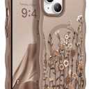 GVIEWIN Cute for iPhone 14 Case & iPhone 13 Case [Compatible with MagSafe] [Curly Wave Edge] Floral Translucent Magnetic Shockproof Protective Phone Cover for iPhone 14/13 6.1'', Floratopia/Brown