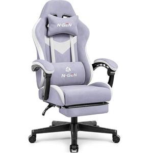 N-GEN GAMING Video Gaming Chair with Footrest Lumbar Support for Home Office High Back Recliner Height Adjustable Ergonomic Comfy Fabric Computer Desk Chair (Purple)