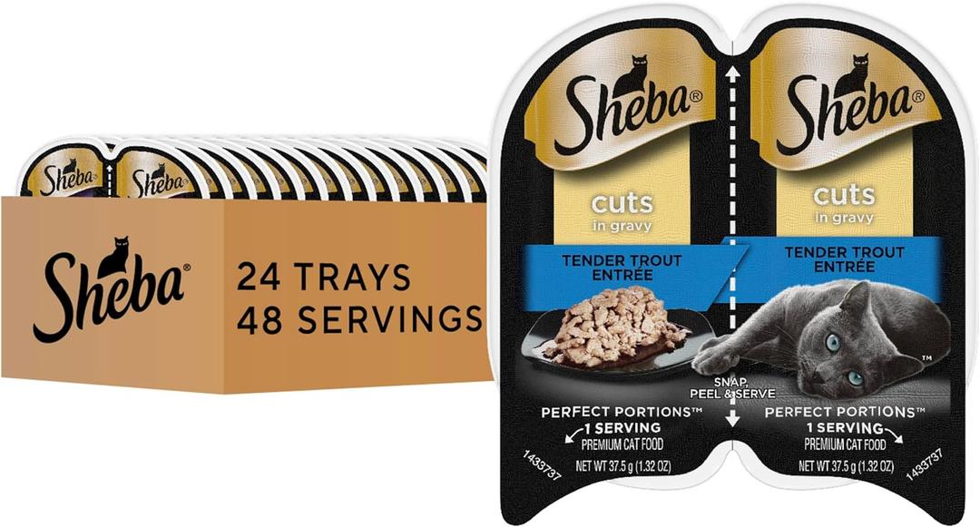 Sheba Perfect Portions Wet Cat Food Cuts in Gravy, Cat Food Wet Recipe, Tender Trout Entree, 2.6 oz. Twin-Pack Trays (24 Count, 48 Servings), BBD 03/27/2028