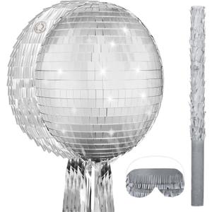 Aoriher Piata 12.6 x 12.6 x 3 Inch Disco Party Game Set Ball Piata Silver Foil 80s 90s Decoration with Stick Mask for Retro Theme Birthday Wedding Party Supplies(Silver,Disco Ball)