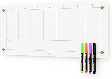Glass Golden Weekly Dry Erase Calendar White Board for Wall, to Do List & 7 Days Planner Whiteboard for Home Office, 23x9.5, 4 Wet Erase Markers Included, Yeoux