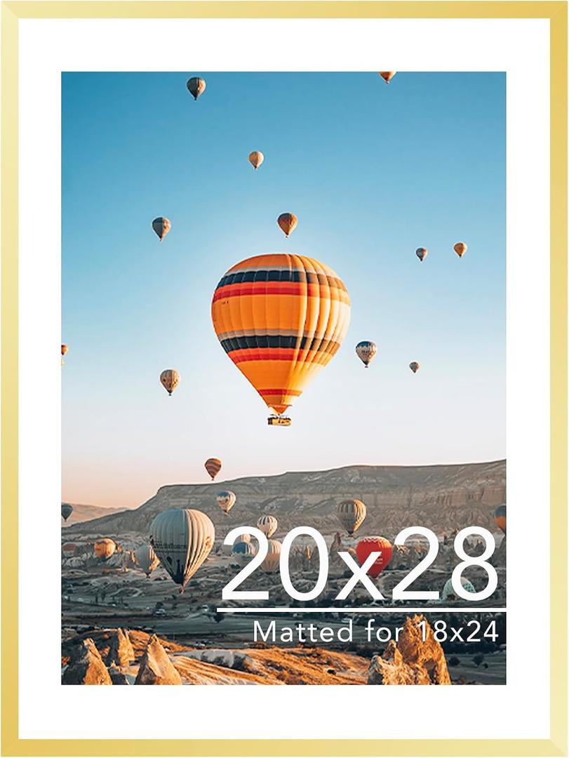 JCJMY 20x28 Picture Frame with 18x24 Mat, Display Photo 18x24 with Mat or 20 x 28 Without Mat, Wall Hanging Large 20 by 28 Poster Frame with Plexiglass, Gold