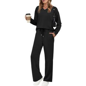 WIHOLL Lounge Sets for Women 2026 V Neck 2 Piece Outfits Airport Wide Leg Pants Matching Set Sweatsuits (Small, 01 - Black)