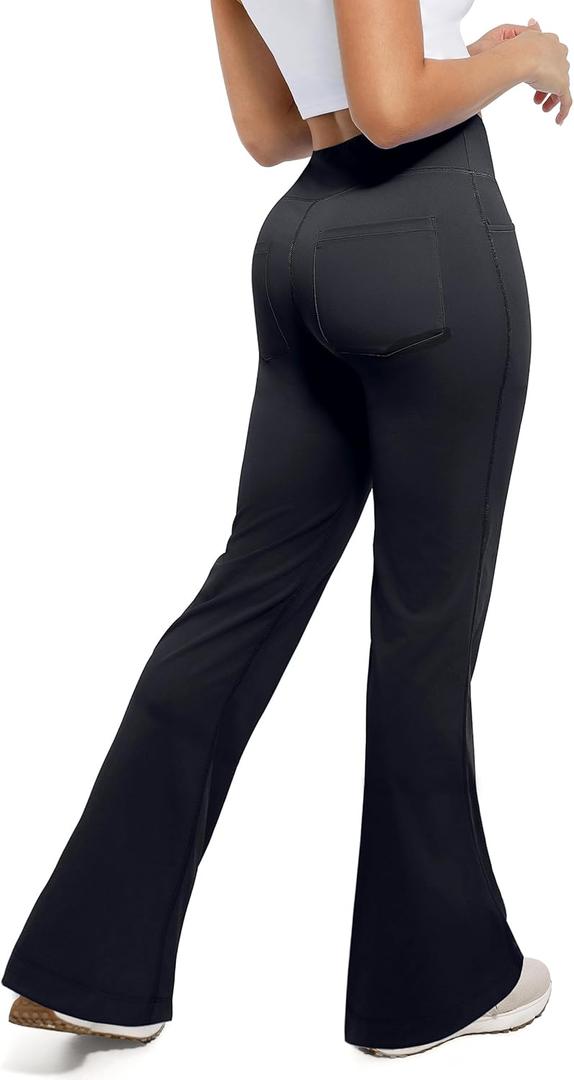 Flare Leggings, Bootcut Yoga Pants with Elastic Waistband, High-Waisted and Wide Leg with Pockets (Small, A2-black-with Three Pocket)