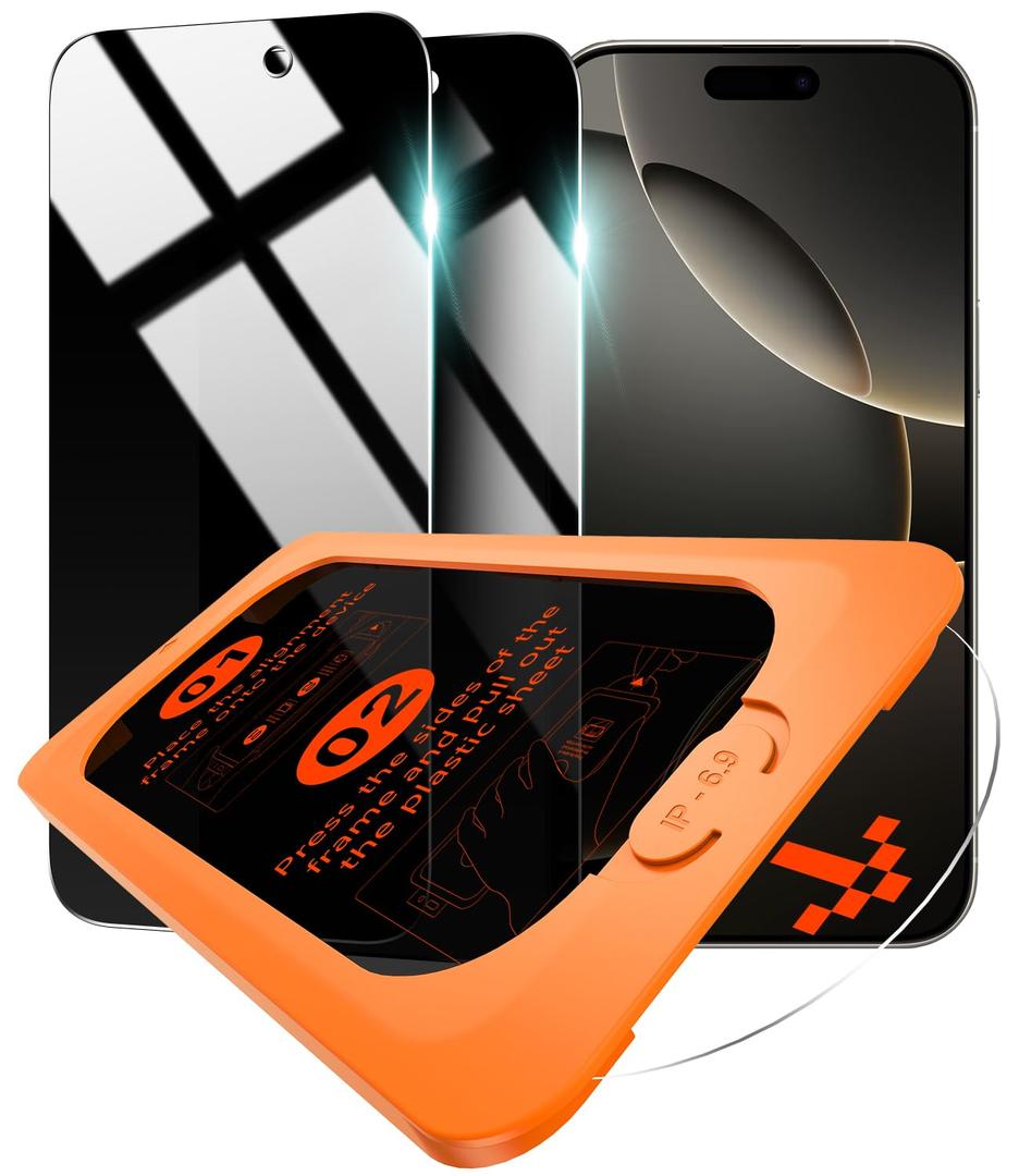 OMOTON Privacy Screen Protector for iPhone 16 Pro Max [Auto-Align Installation], Tempered Glass with 9H+ Hardness & 12FT Military Grade Shatterproof, 100% Anti-Spy, Full Coverage Protection, 2 Pack