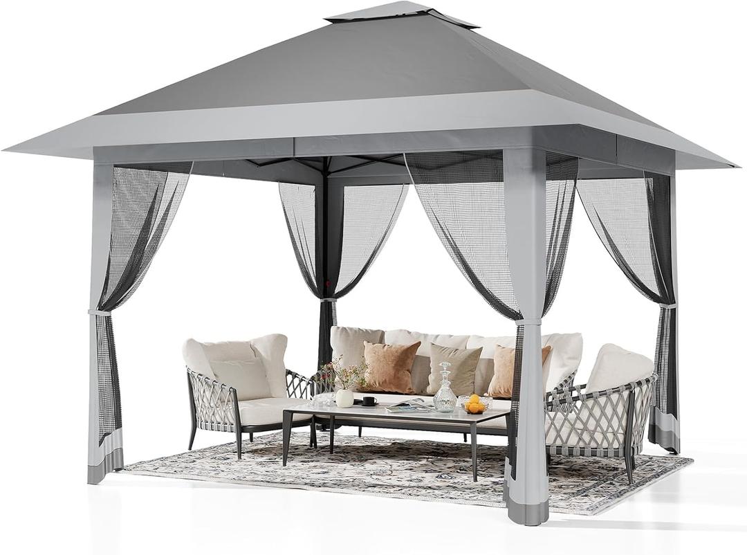 13x13FT Pop-Up Gazebo, Instant Canopy Gazebo with Mosquito Net & Double Roof, Adjustable Height Canopy Tent, UV-Resistant Outdoor Shelter for Patio, Backyard, Garden, and Camping (Gray)