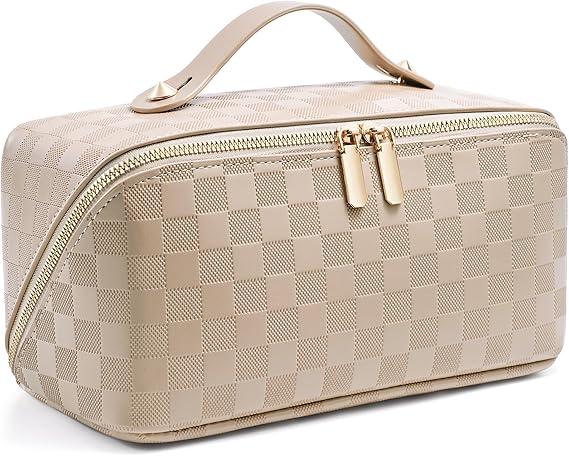 ALEXTINA Travel Makeup Bag, Large Capacity Cosmetic Bag for Women, Open Flat Make up Bag, Waterproof PU Leather Checkered Makeup Organizer Bag with Collapsible Handle,Toiletry Bag for Cosmetics, White